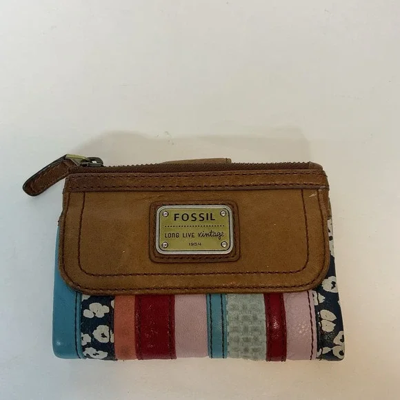 Vintage Fossil Mini Card Holder Coin Wallet Patchwork Brown Leather - Picture 3 of 13